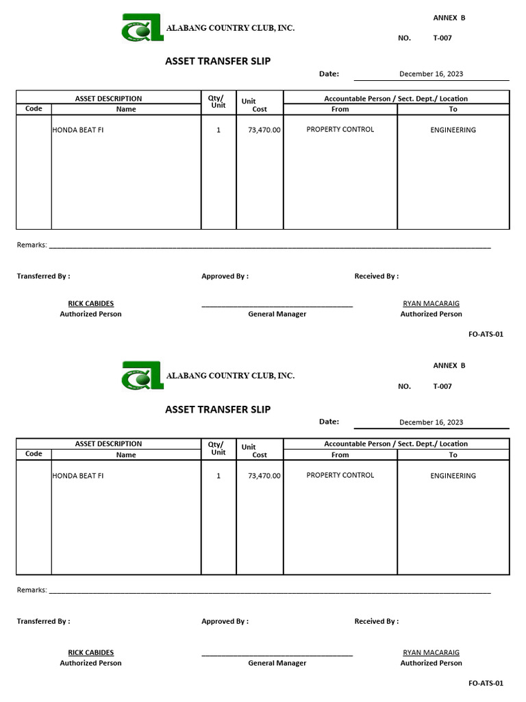 Asset Transfer Slip PDF