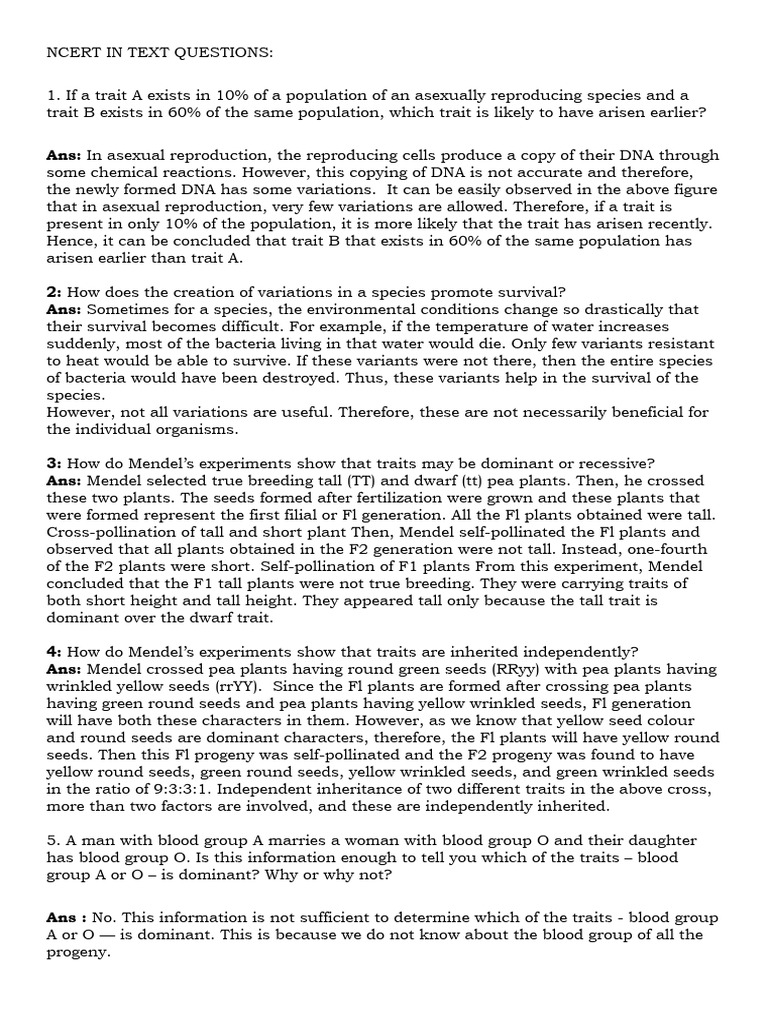 Bank Of Biology Class 10 Heredity
