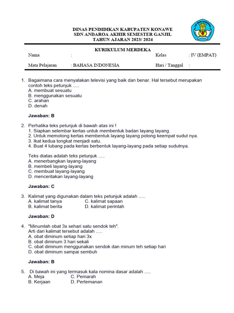 Soal Bahasa Indonesia Kelas 4 Kurikulum Merdeka | PDF