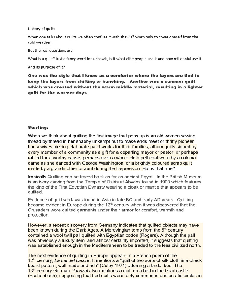 History of Quilts PDF Quilt Quilting