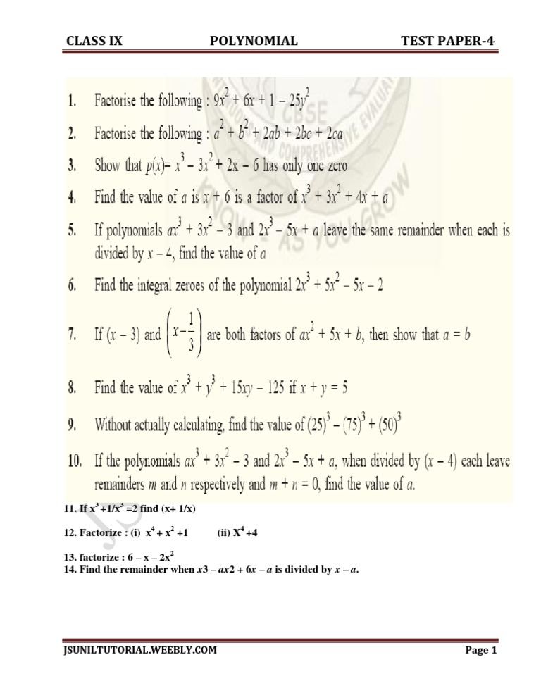 Class 9 Polynomial Test Paper 4 | PDF