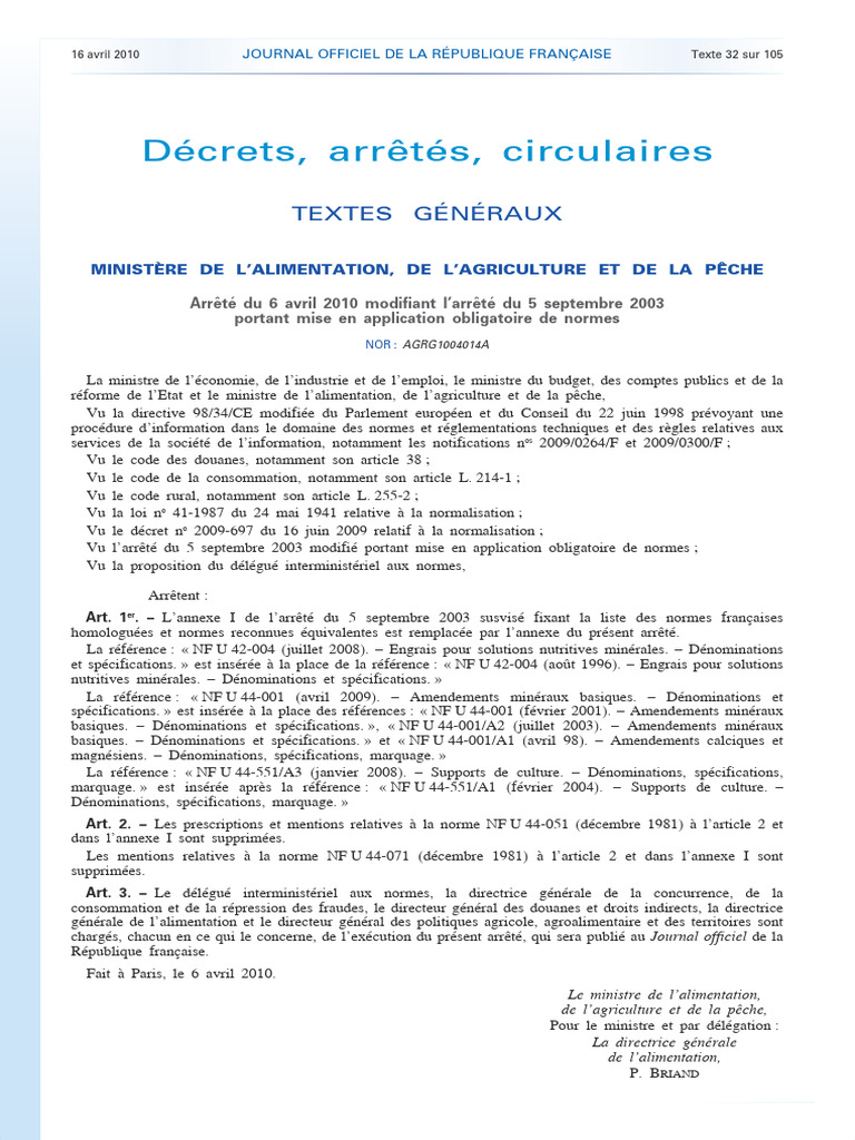 Arrete Du 6 Avril 2010 Application Obligatoire Norme NF U44 551 | PDF