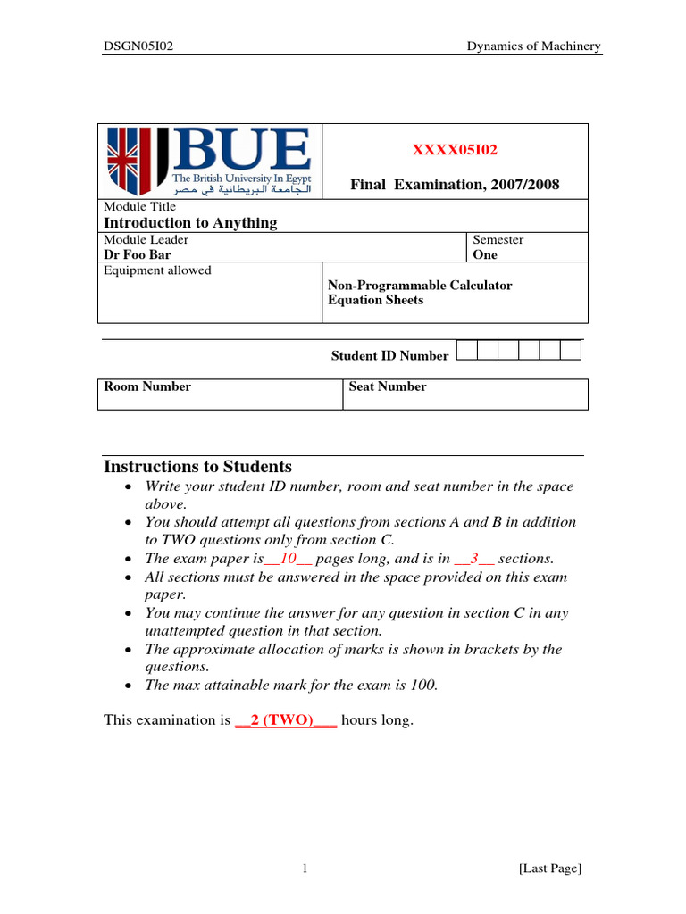 Exam Template PDF Machines Mechanical Engineering