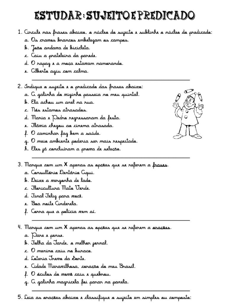 ESTUDAR Sujeito e Predicado - Exercícios