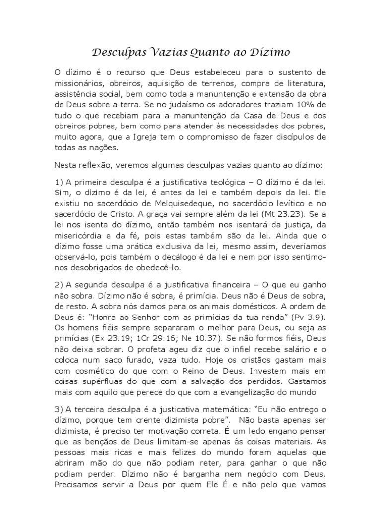 Desculpas Vazias Quanto Ao Dízimo PDF Fé Deus