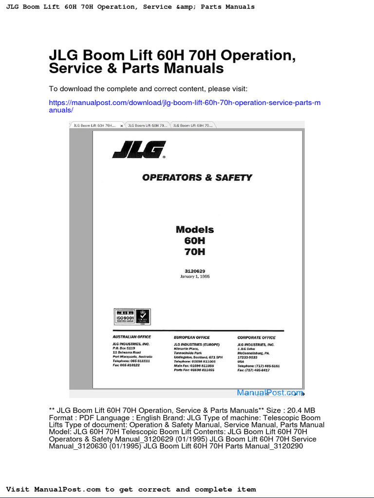 JLG Boom Lift 60h 70h Operation Service Parts Manuals PDF Project
