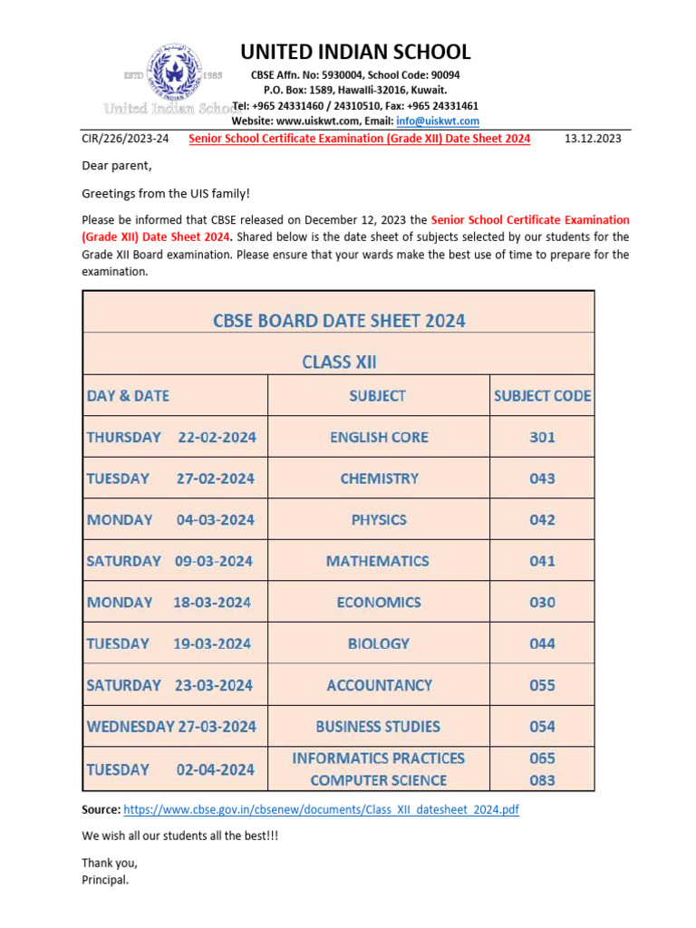 UIS W Cir No.226.202324 Grade XII CBSE Board Examination 2024 Date