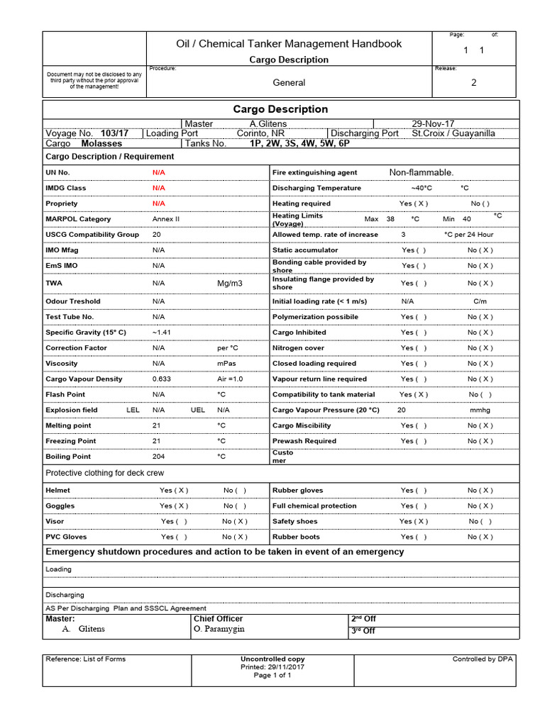 CH502 Cargo Description Molasses PDF