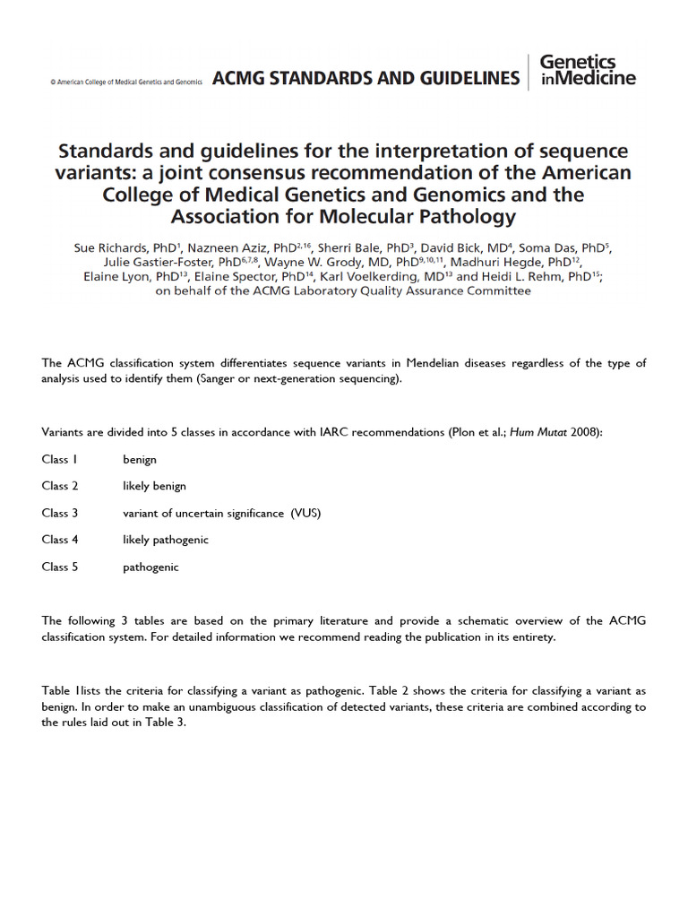 Acmg Classification Of Sequence Variants Pdf Mutation Zygosity