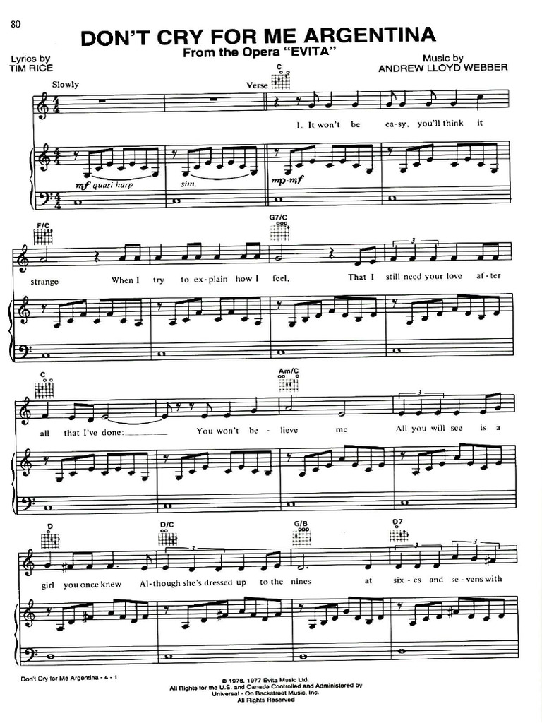 PIANOKAFECOM Ноты Madonna - Dont Cry for Me Argentina | PDF