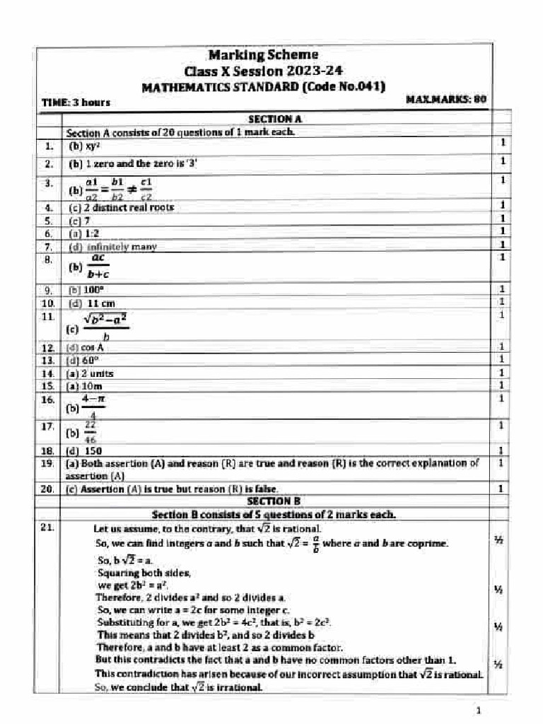 Maths Sample Paper Answers | PDF