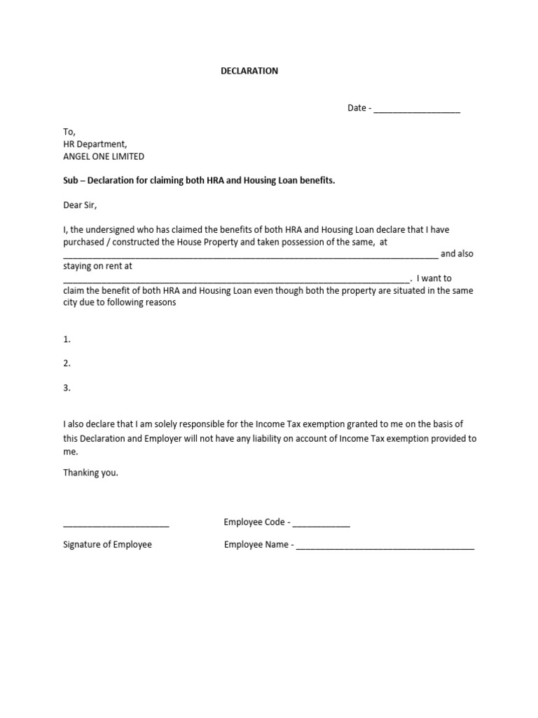 Declaration for claiming both hra and housing loan benefits in same