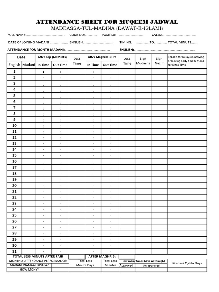 Attandance Sheet For Muqeem Jadwal | PDF