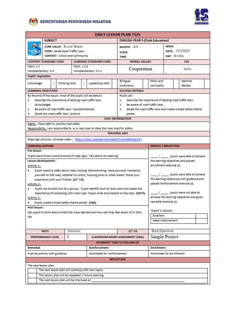 Year 5 English Lesson on Road Safety | PDF | Lesson Plan | Learning
