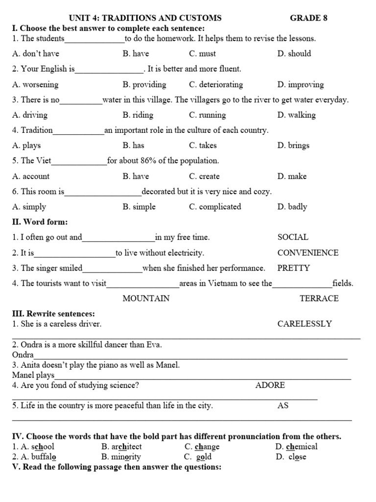 Grade 8 Traditions and Customs Quiz | PDF | Travel | Foreign Language ...