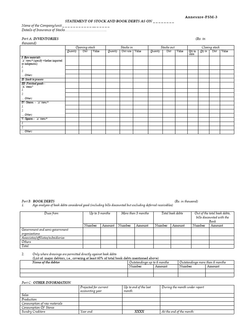 SBI Stock and Book Debts Statement Form | PDF | Valuation (Finance) | Banks