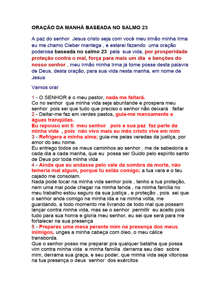 Oração Da Manhã Baseada No Salmo 23 Pdf Oração