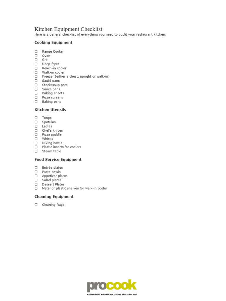 Kitchen Equipment Checklist PDF