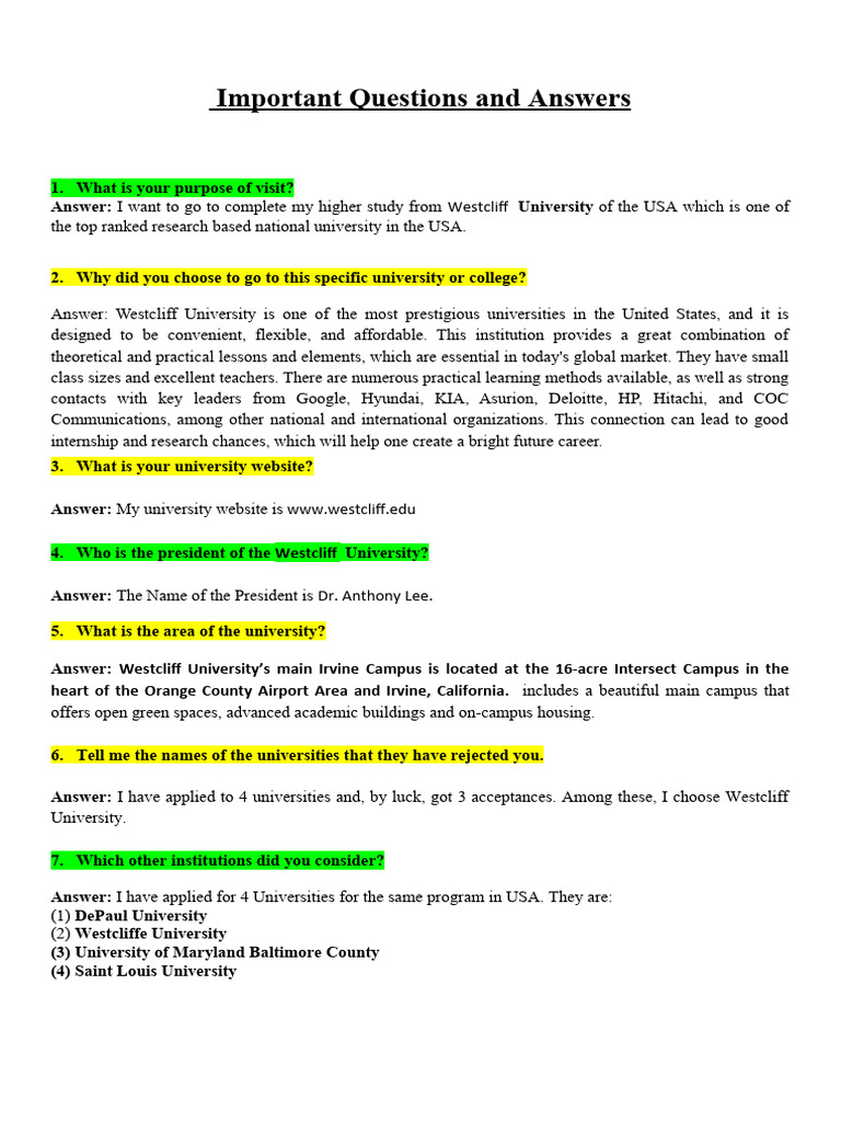 Usa Visa Interview Questions And Answer Pdf University Engineer