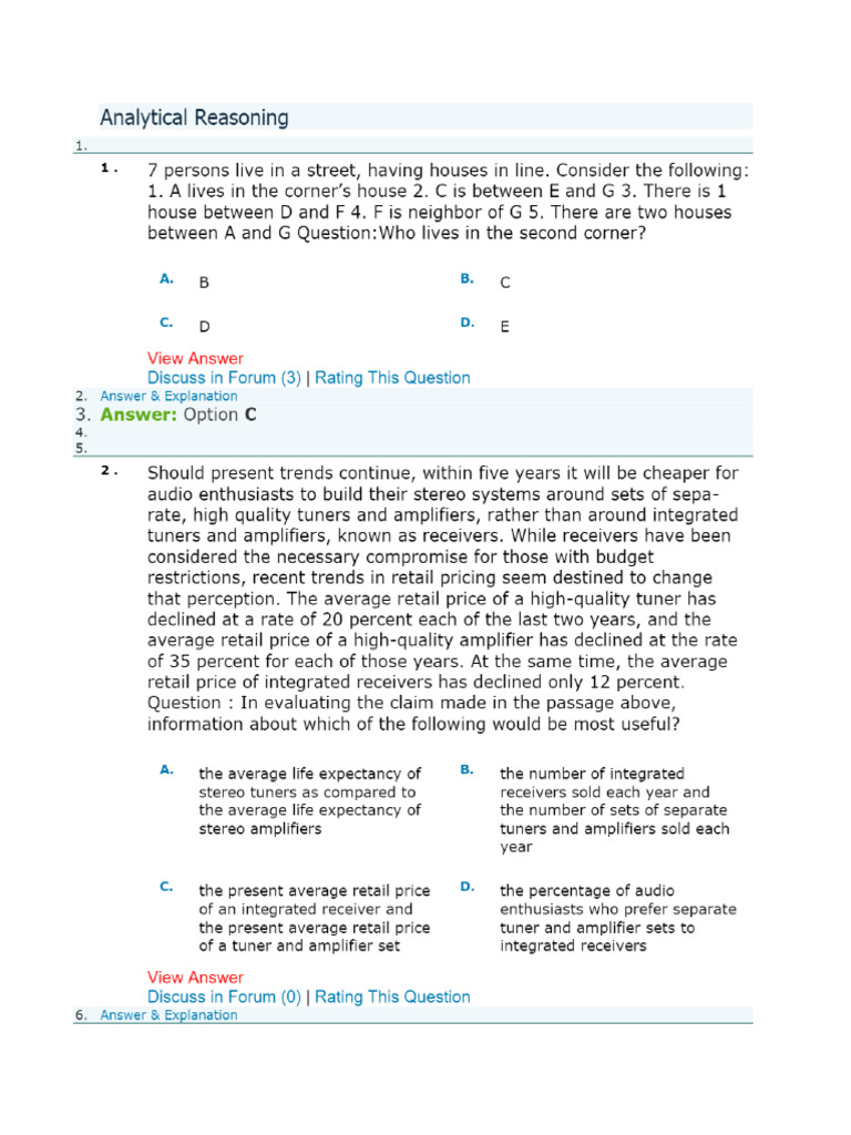 Analytical Reasoning Mcqs