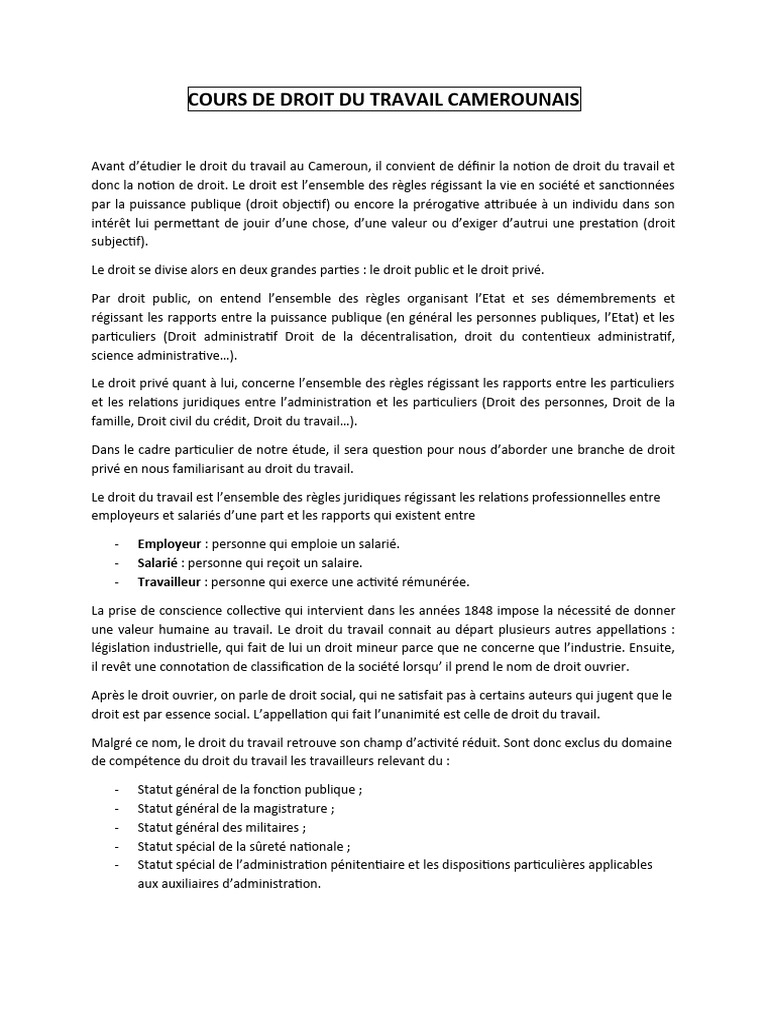 Cours de droit du travail camerounais pdf