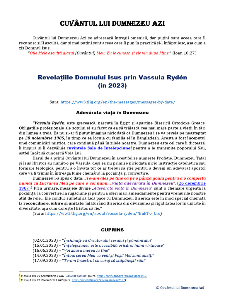 Revelațiile Domnului Prin Vassula Rydén (2023) | PDF