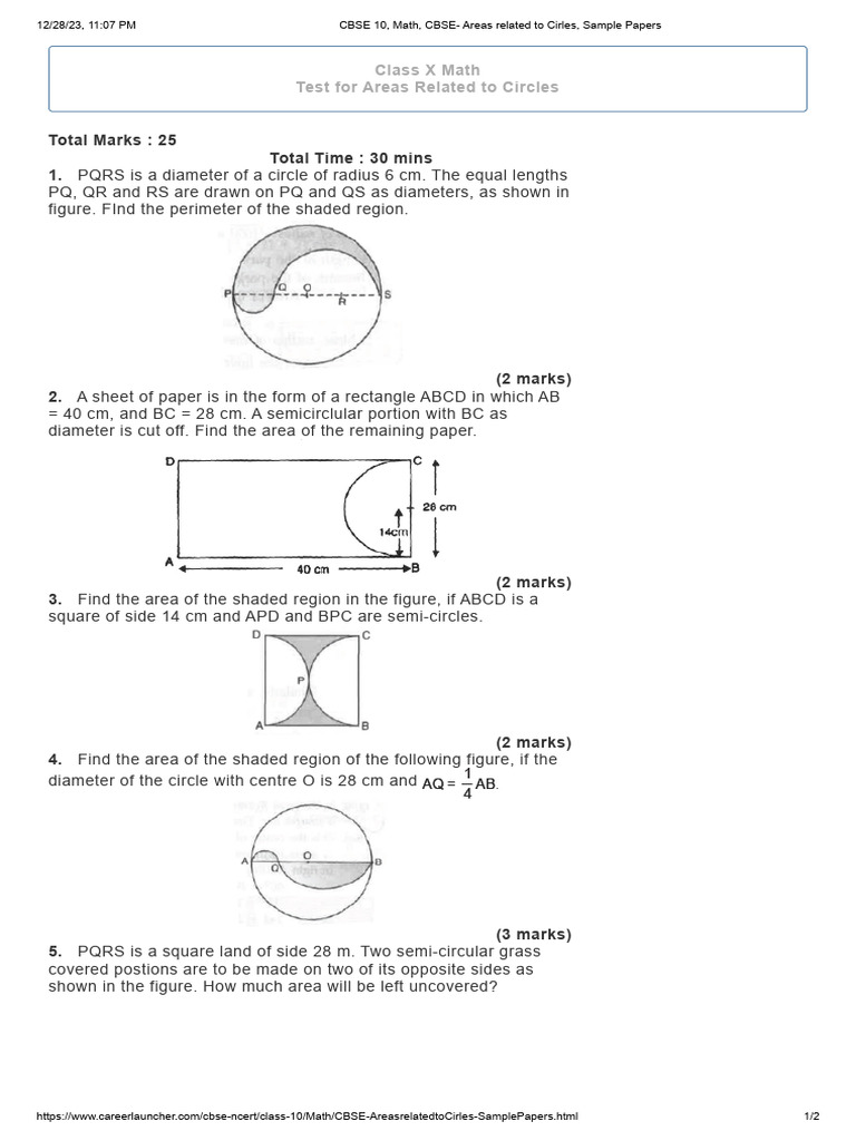 Class 10 Circle Area Test Paper | PDF | Area | Circle