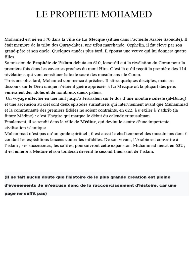 Histoire du Prophète Mohamed | PDF | Religion et spiritualité