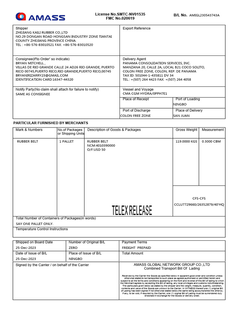 License No - SMTC-NV01535 FMC No.020619 B/L No.: Particular Furnished ...
