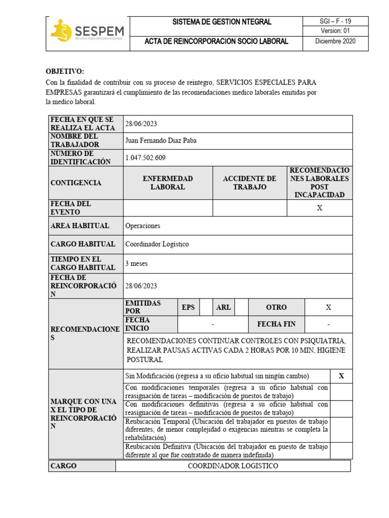 Acta de Reincorporación Laboral 2023 | PDF