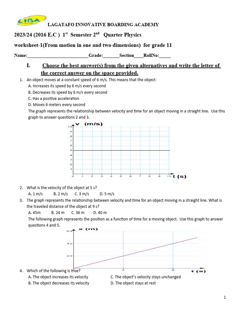 Grade 11 Physics Motion Worksheet | PDF | Acceleration | Velocity
