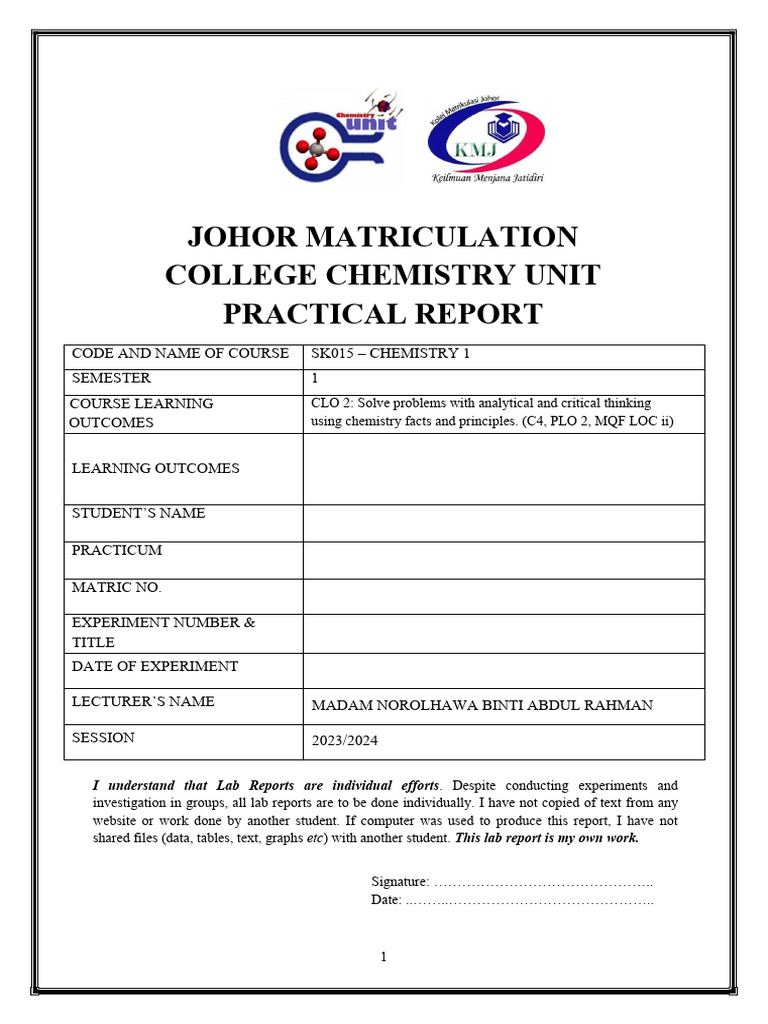 SK015 Chemistry Lab Report: Experiment 1 | PDF | Zinc | Mass
