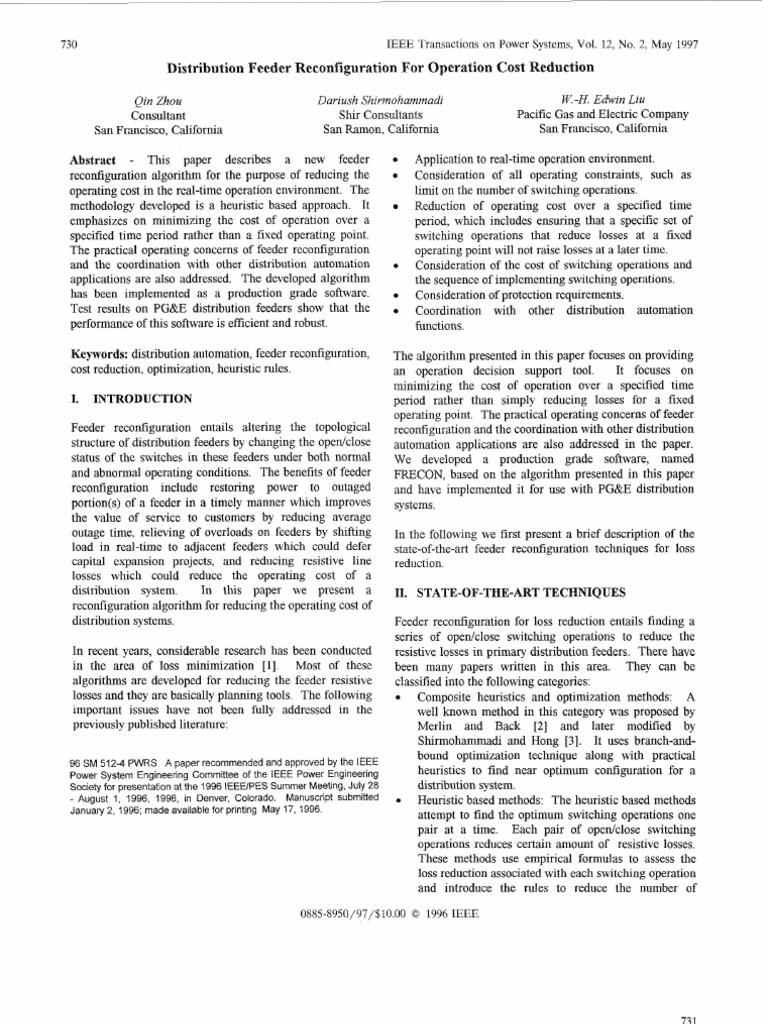Distribution Feeder Reconfiguration For Operation Cost Reduction PDF