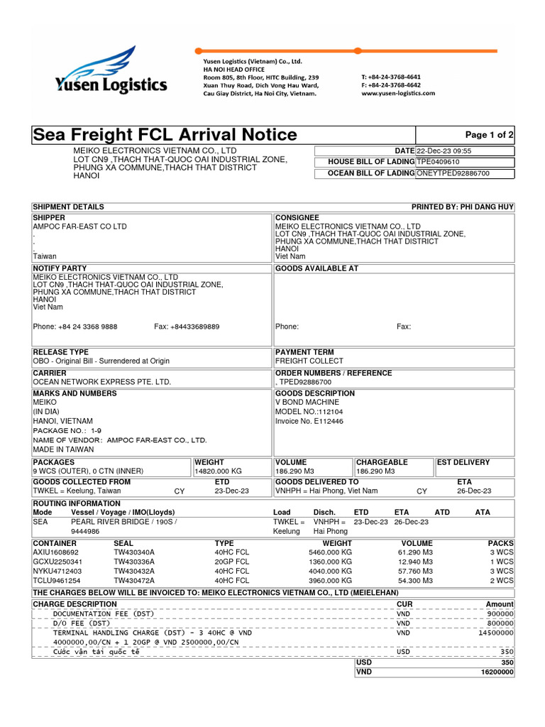 Arrival Notice - STPE0409610 | PDF