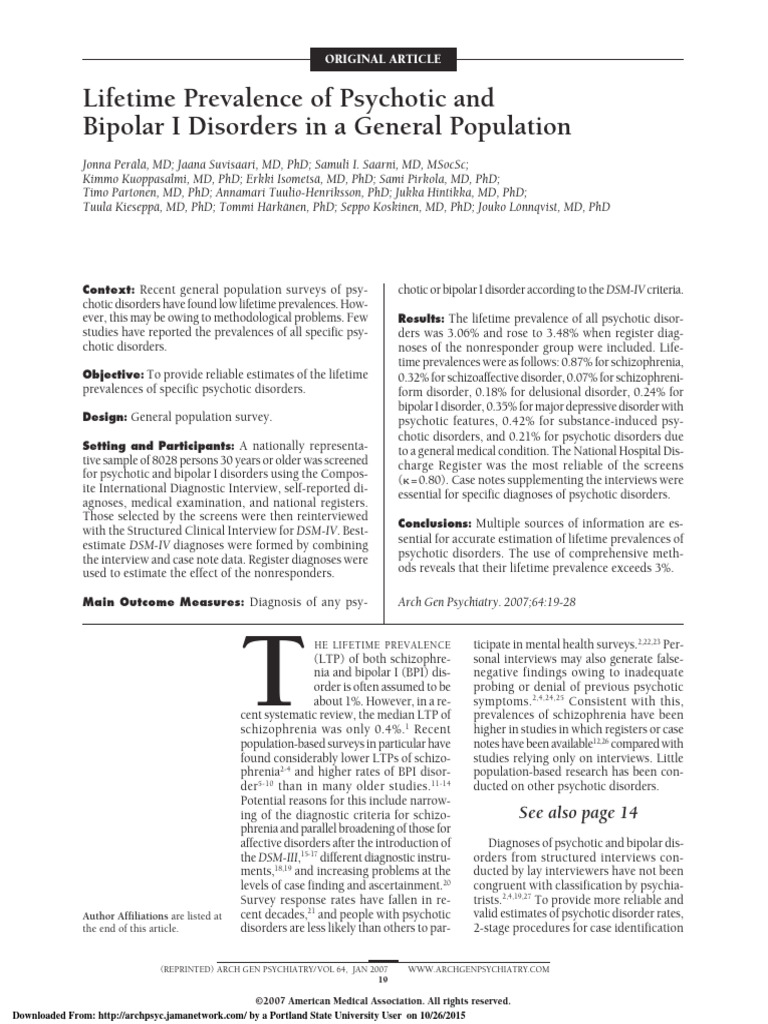 Lifetime Prevalence of Psychotic Disorders | PDF | Mental Disorder ...