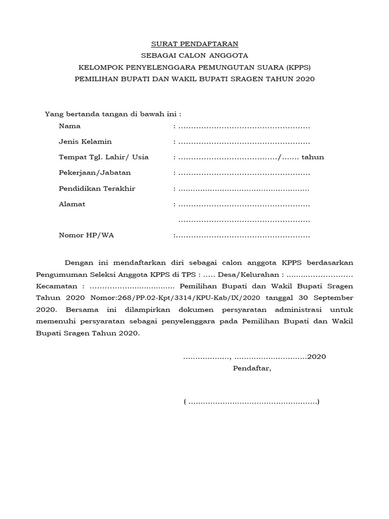 Form Pendaftaran KPPS 2020 | PDF