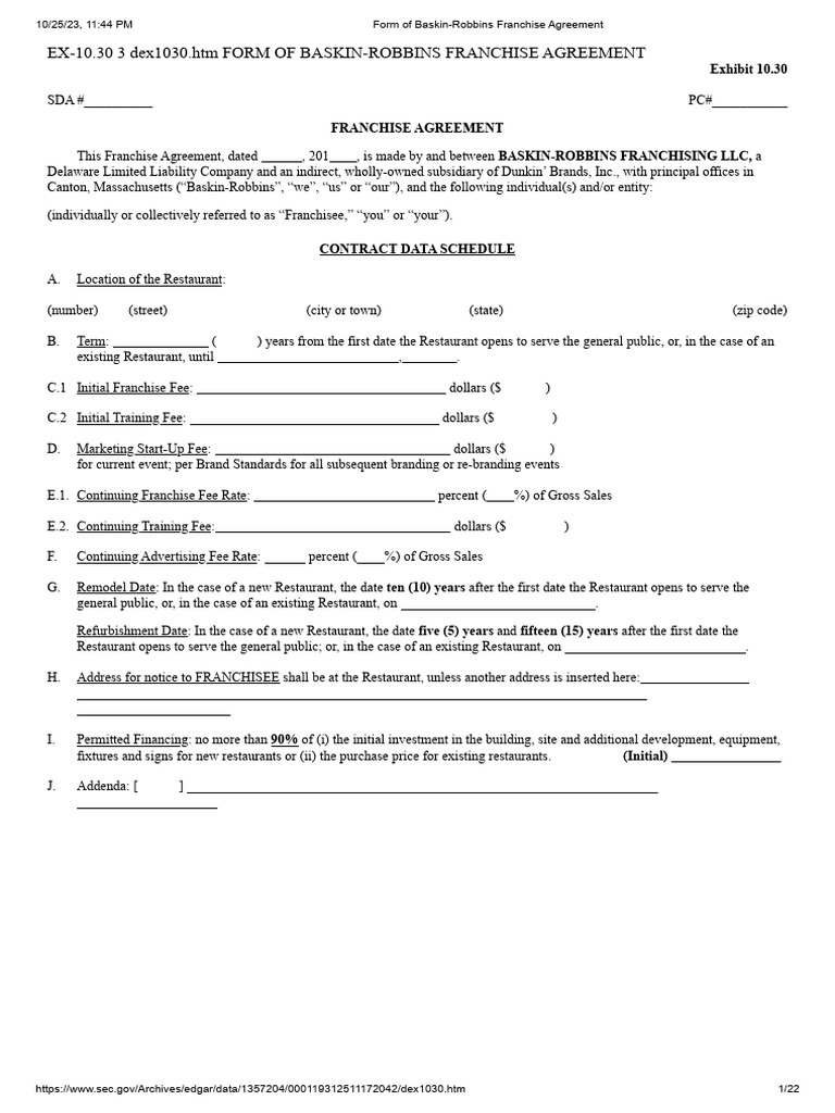 Form of Baskin-Robbins Franchise Agreement | PDF | Franchising | License
