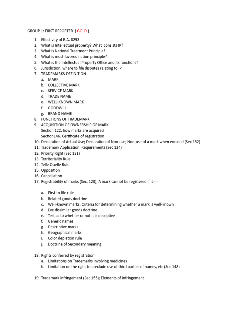 Intellectual Property Law Topics For Reporting PDF Trademark Patent