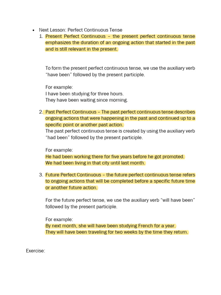 Perfect Continuous Tense | PDF | Perfect (Grammar) | Grammatical Tense