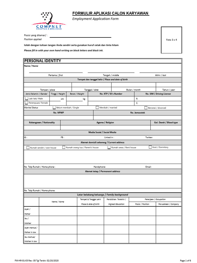 Form Aplikasi Calon Karyawan | PDF