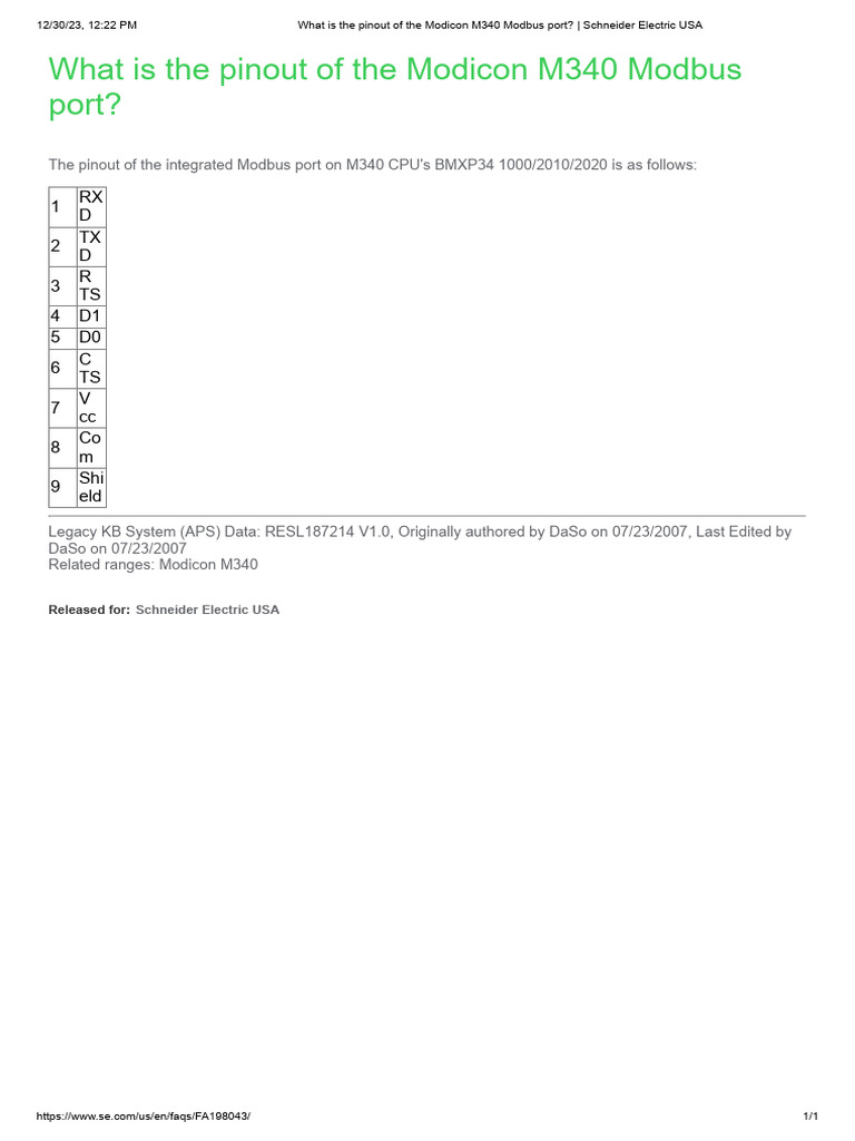 What Is The Pinout of The Modicon M340 Modbus Port - Schneider Electric ...