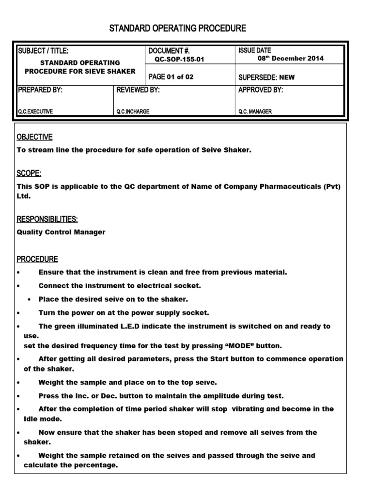 SOP For Standard Operating Procedure For Sieve Shaker PDF