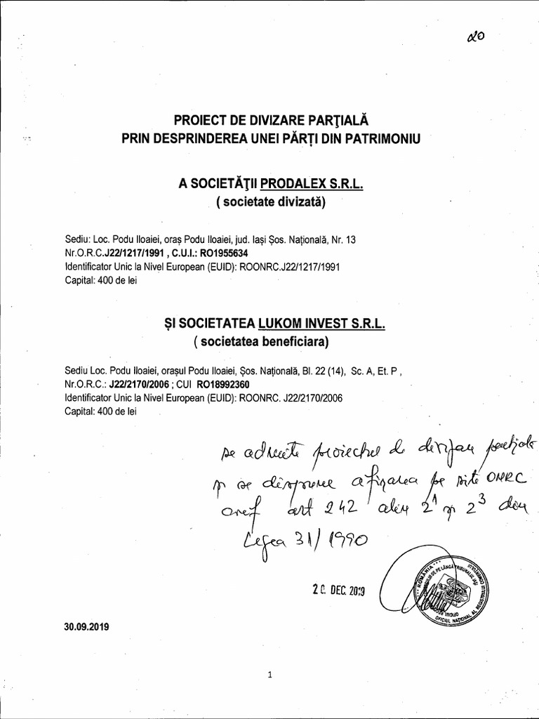 PRODALEX SRL-Proiect Divizare | PDF