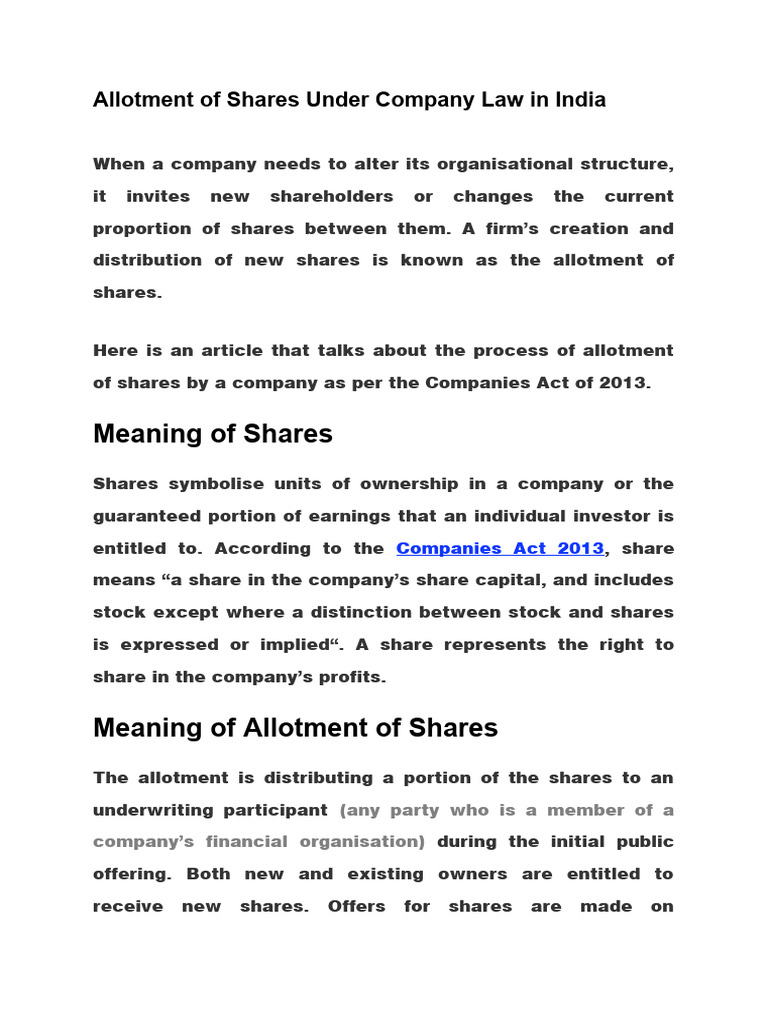 Allotment of Shares Under Company Law in India PDF Stocks Share