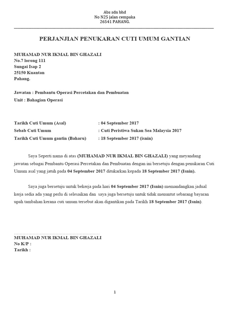 Contoh Surat Cuti Ganti Pdf
