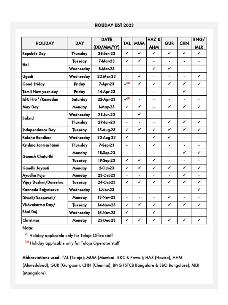 Holiday Calendar 2023_India | PDF