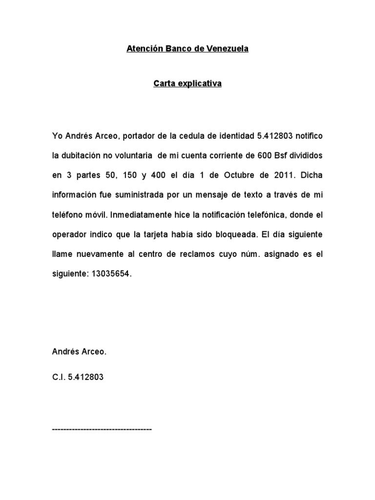 Modelo De Carta Dirigida Al Banco De Credito - ccss 