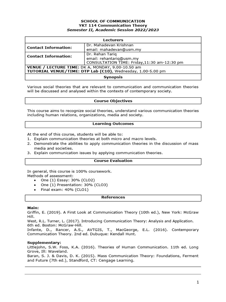 YKT 114 Communication Theory Overview | PDF | Communication | Theory