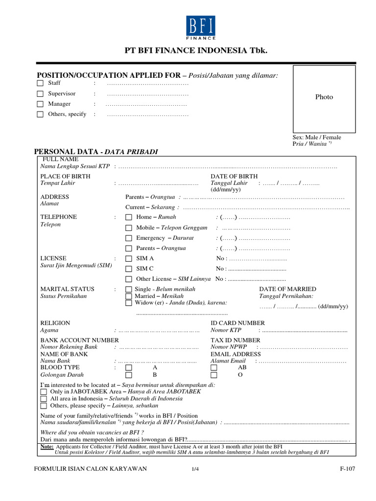 F-107 Form Data Diri Pelamar Kerja | PDF
