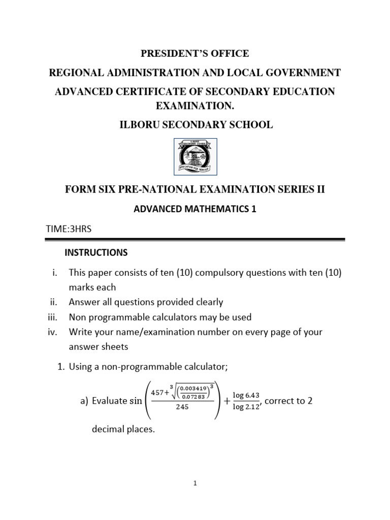 Advanced Mathematics Exam Paper 1 | PDF | Teaching Methods & Materials
